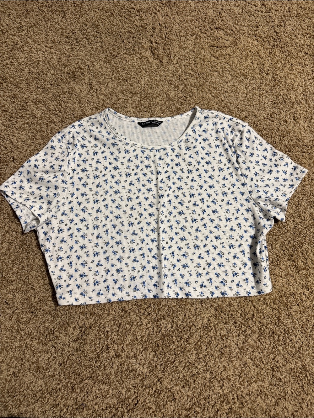 SHEIN White Crop Top with Blue Floral Print